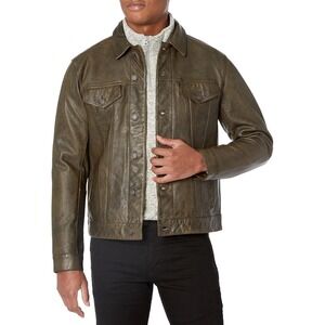 Lucky Brand Leather Trucker Jacket Men's Medium Olive Distressed NWT $499